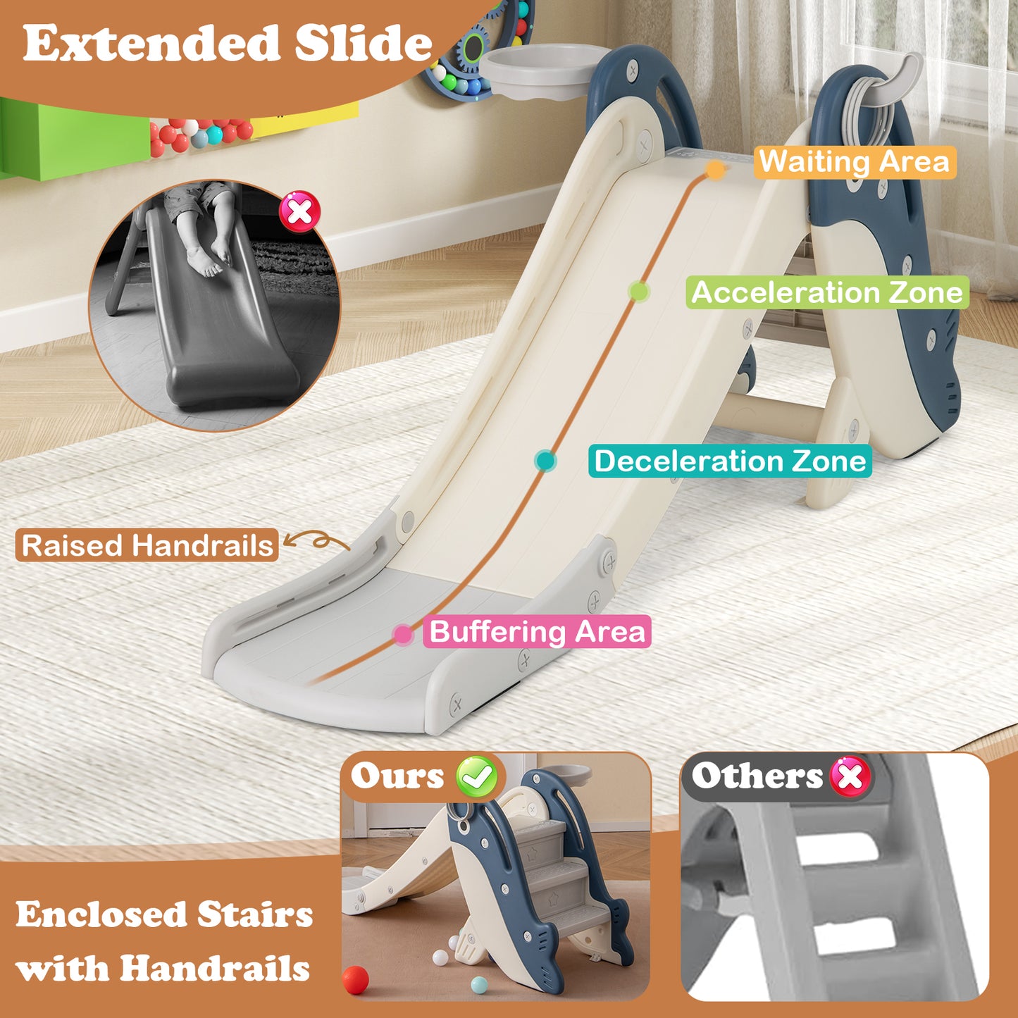 Blue Foldable Toddler Slide | Basketball Hoop & Ring Toss 4in1