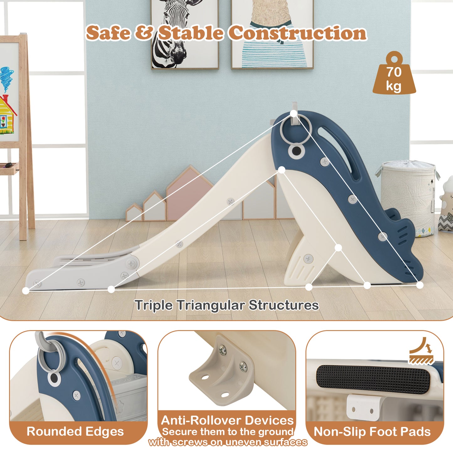 Blue Foldable Toddler Slide | Basketball Hoop & Ring Toss 4in1