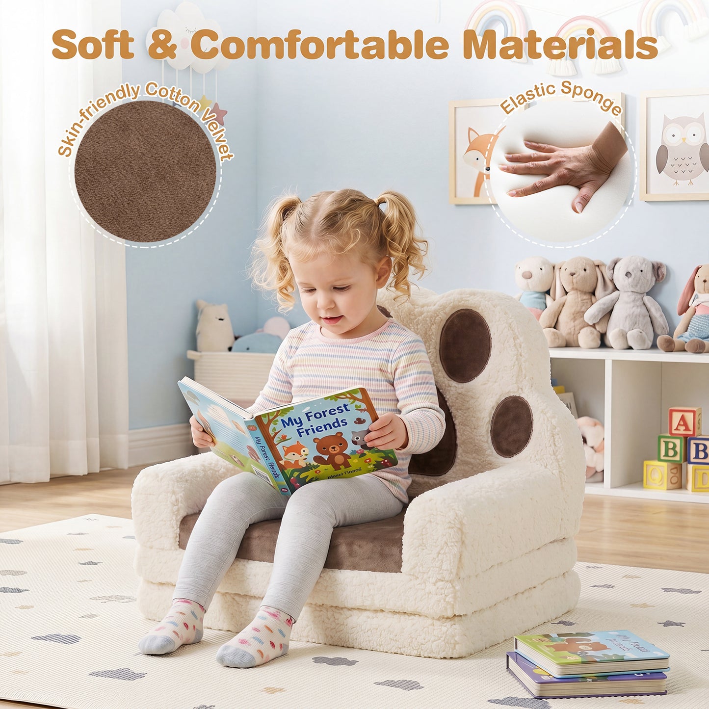 Brown Foldable Toddler Sofa Chair | 2-in-1 Lounger Washable Cover