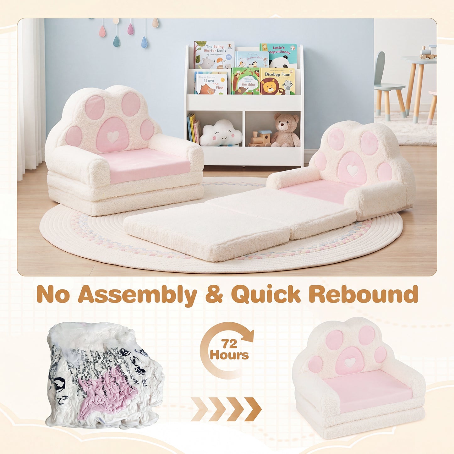 Pink Foldable Toddler Sofa Chair | 2-in-1 Couch & Lounger