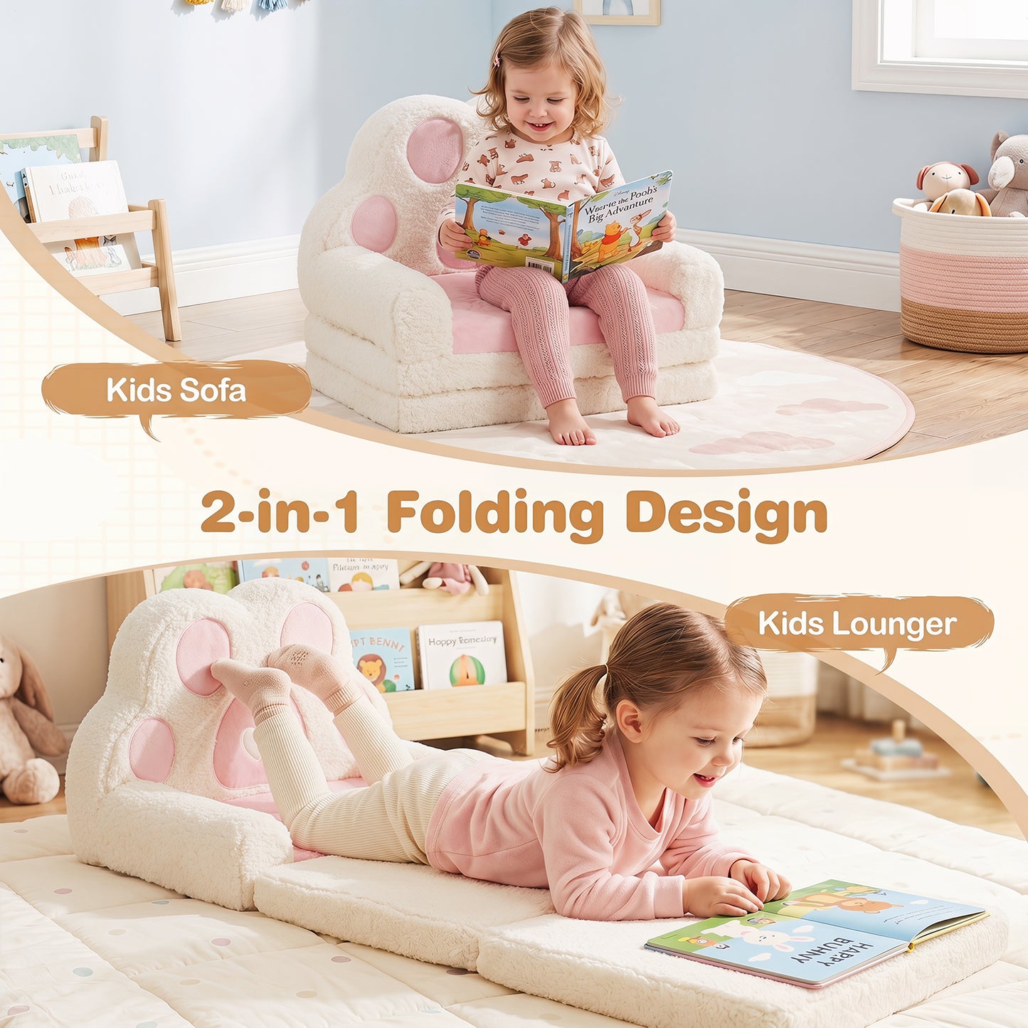 Pink Foldable Toddler Sofa Chair | 2-in-1 Couch & Lounger