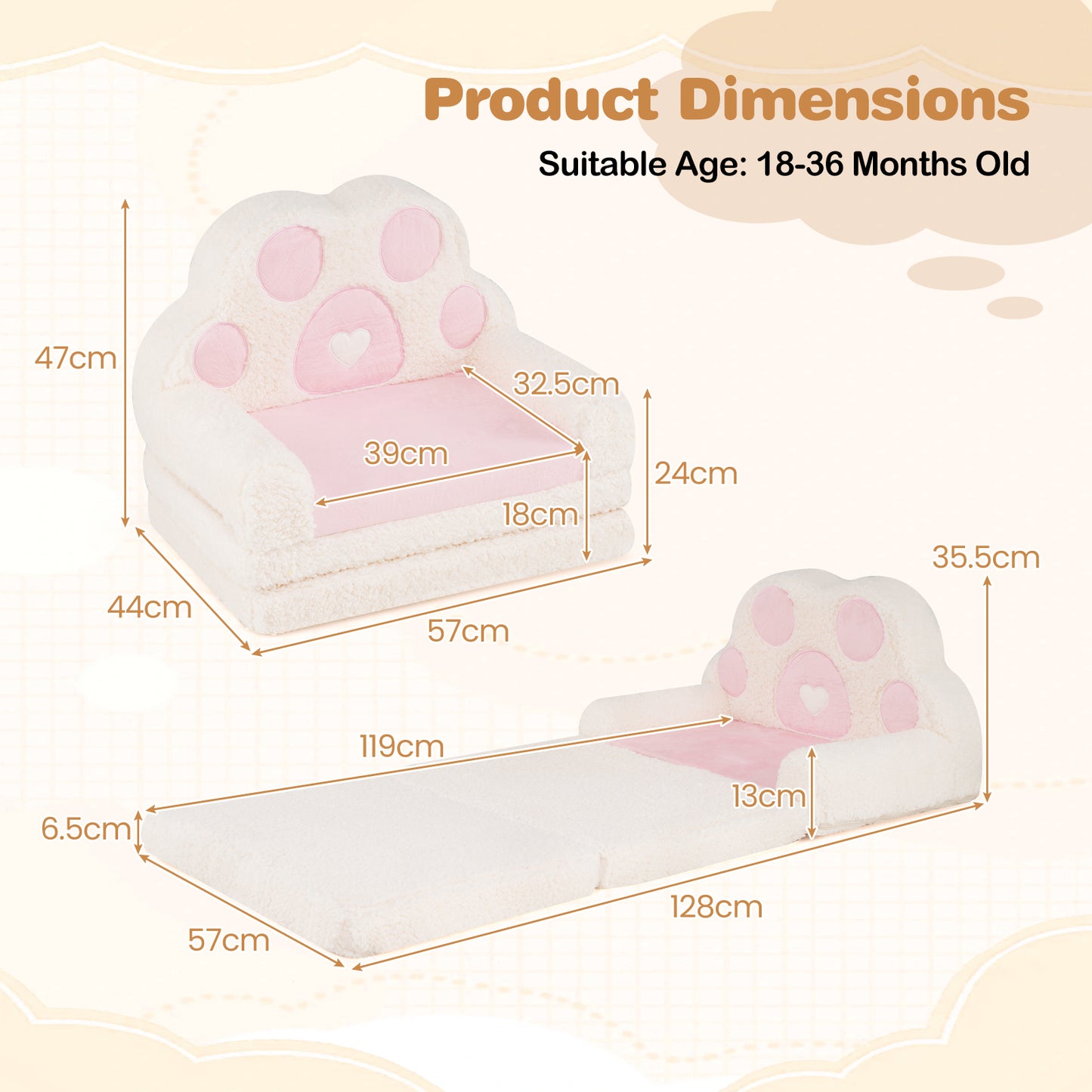 Pink Foldable Toddler Sofa Chair | 2-in-1 Couch & Lounger