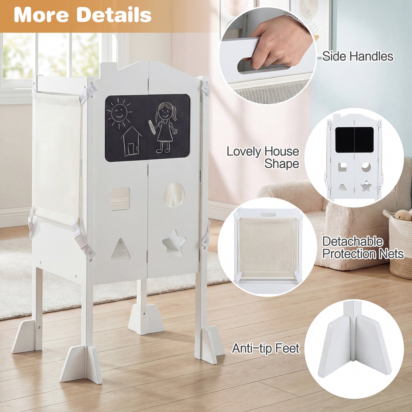 White Foldable Toddler Tower | 3-in-1 with Chalkboard & Nets