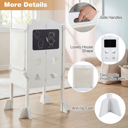 White Foldable Toddler Tower | 3-in-1 with Chalkboard & Nets