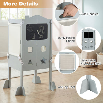 Grey Foldable Toddler Tower | 3-in-1 with Chalkboard & Nets