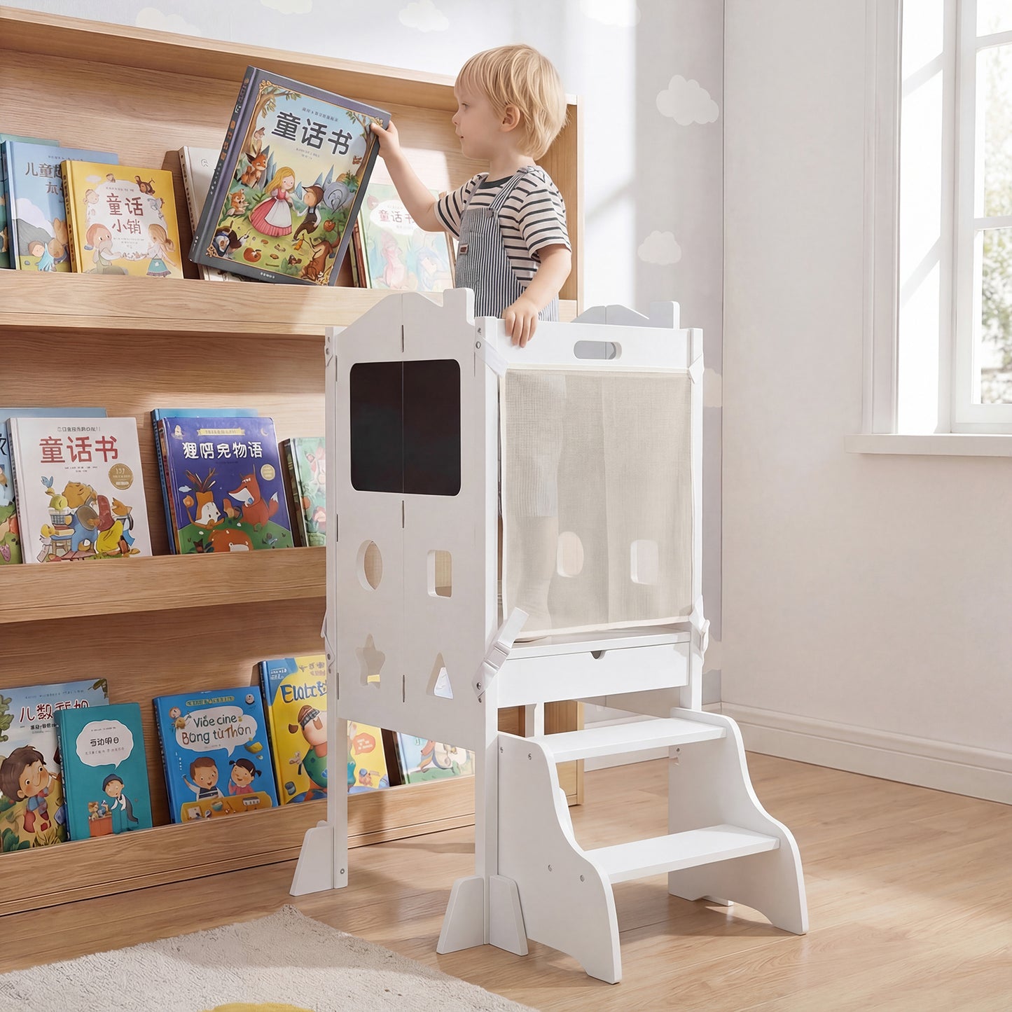 White Foldable Toddler Tower | 3-in-1 with Chalkboard & Nets