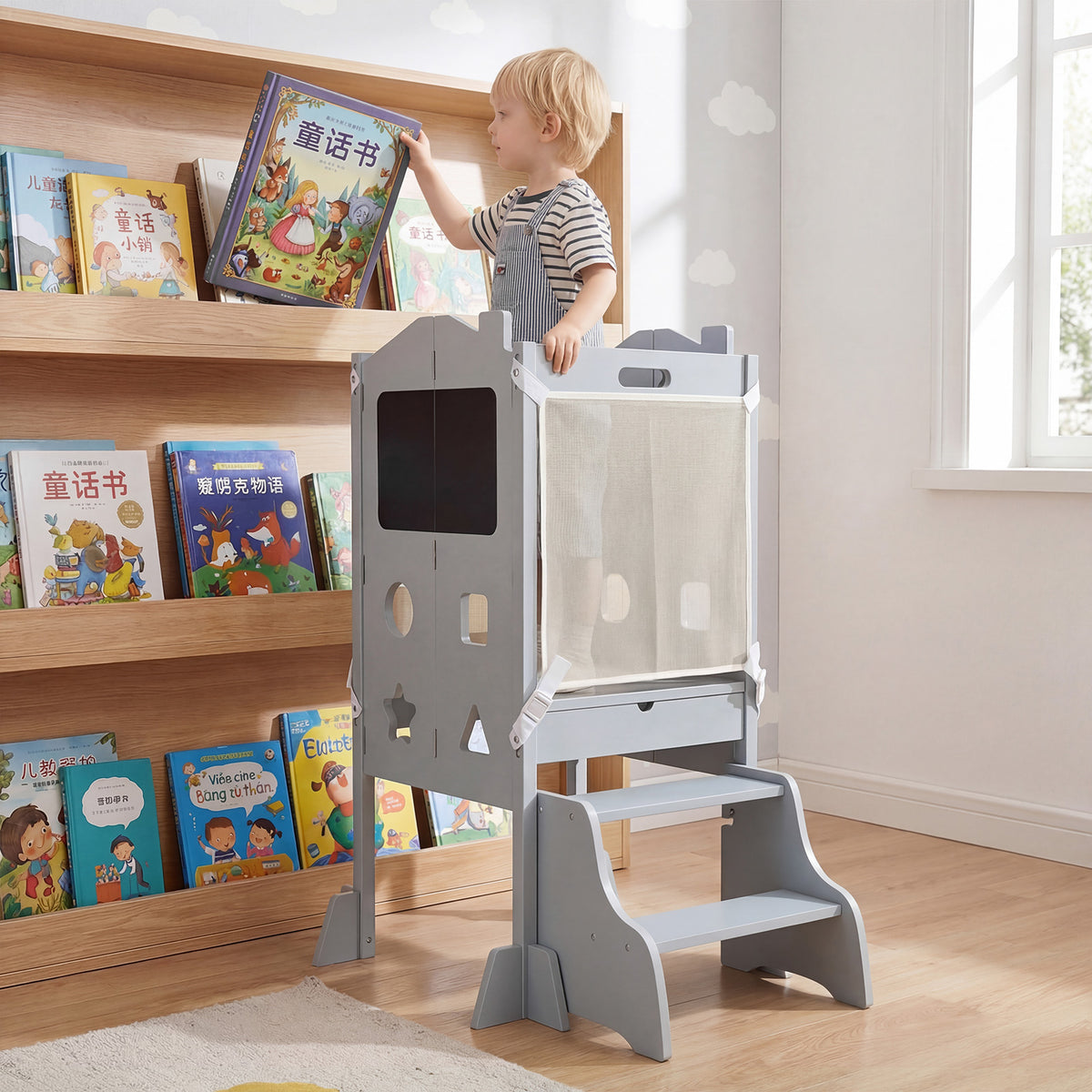 Grey Foldable Toddler Tower | 3-in-1 with Chalkboard & Nets