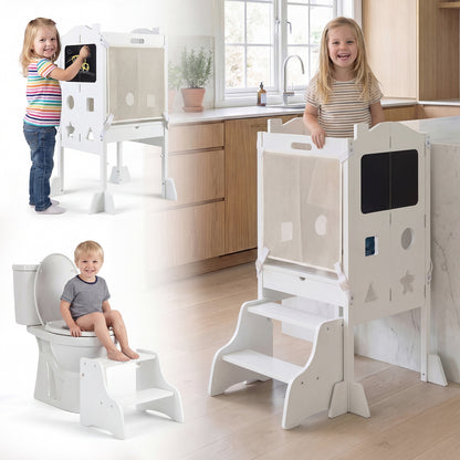 White Foldable Toddler Tower | 3-in-1 with Chalkboard & Nets
