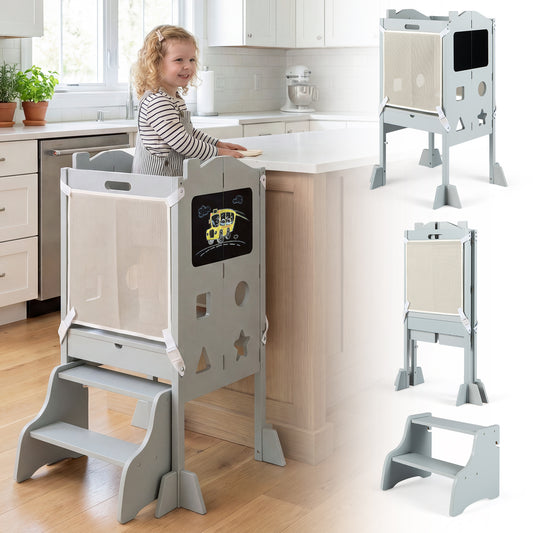 Grey Foldable Toddler Tower | 3-in-1 with Chalkboard & Nets