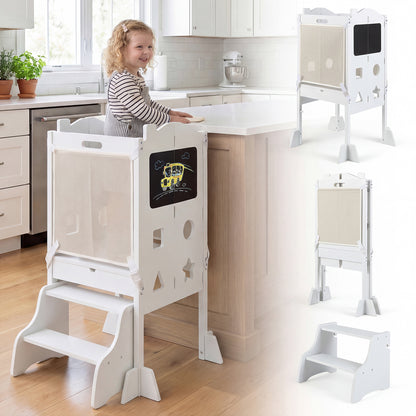 White Foldable Toddler Tower | 3-in-1 with Chalkboard & Nets