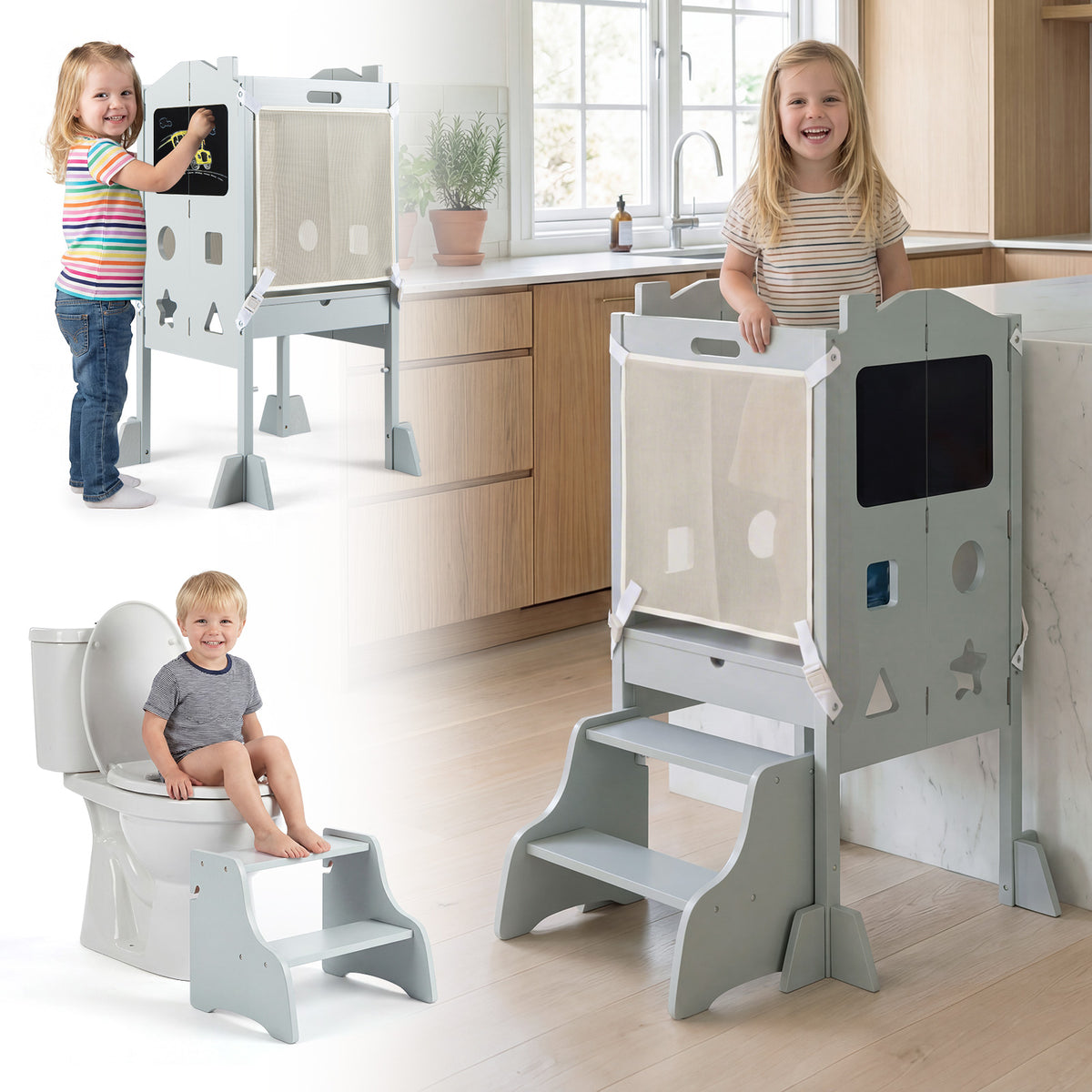 Grey Foldable Toddler Tower | 3-in-1 with Chalkboard & Nets