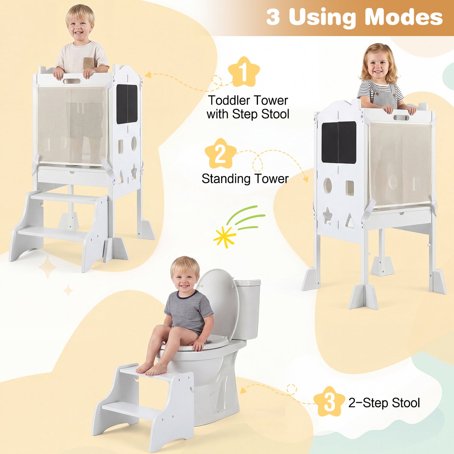 White Foldable Toddler Tower | 3-in-1 with Chalkboard & Nets