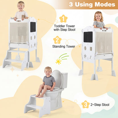White Foldable Toddler Tower | 3-in-1 with Chalkboard & Nets