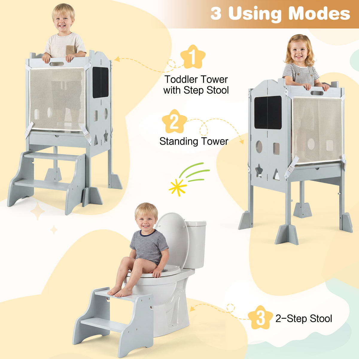 Grey Foldable Toddler Tower | 3-in-1 with Chalkboard & Nets