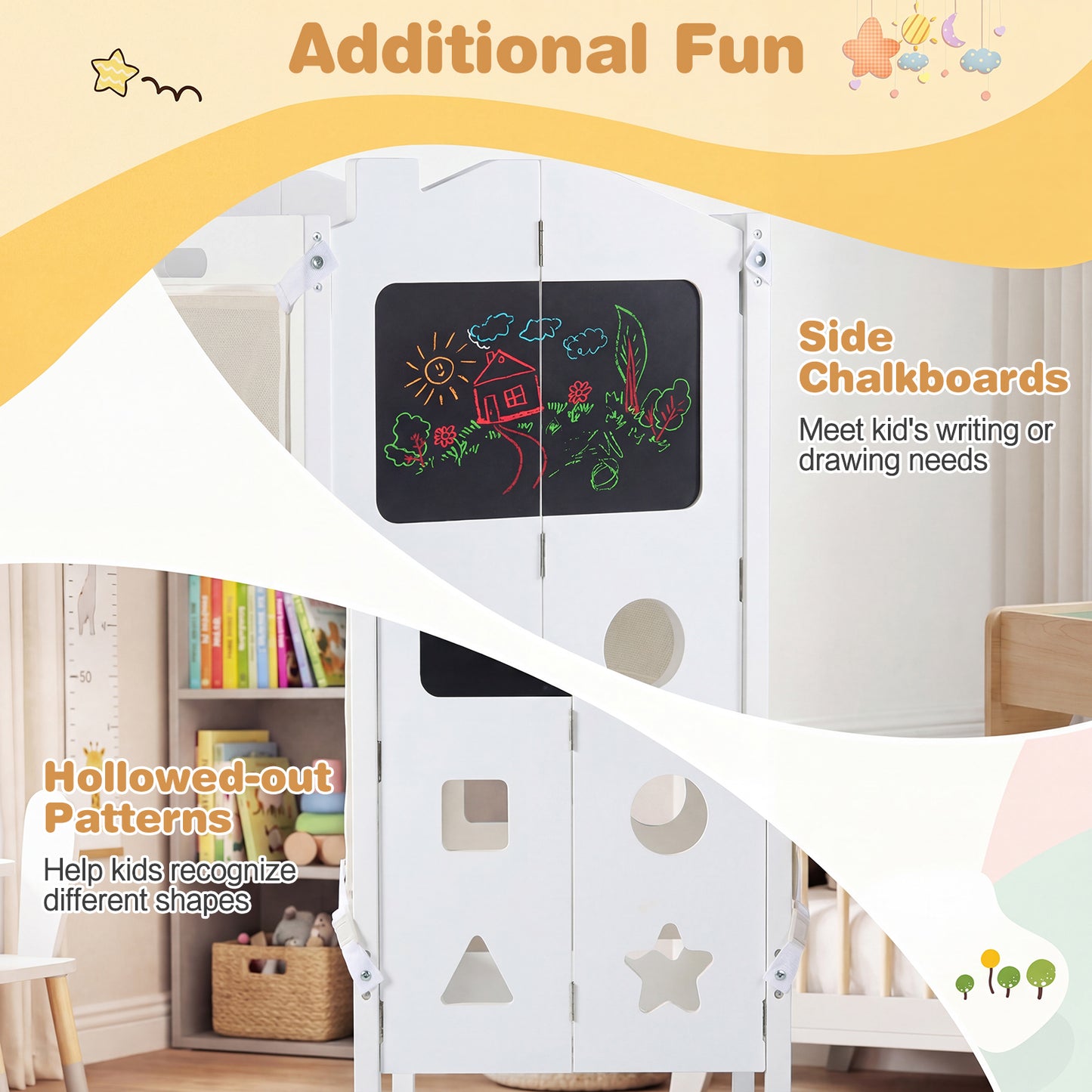 White Foldable Toddler Tower | 3-in-1 with Chalkboard & Nets