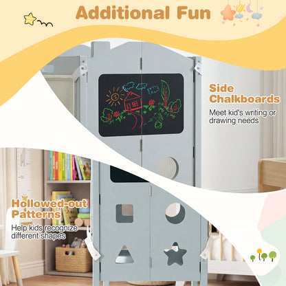 Grey Foldable Toddler Tower | 3-in-1 with Chalkboard & Nets