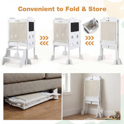 White Foldable Toddler Tower | 3-in-1 with Chalkboard & Nets