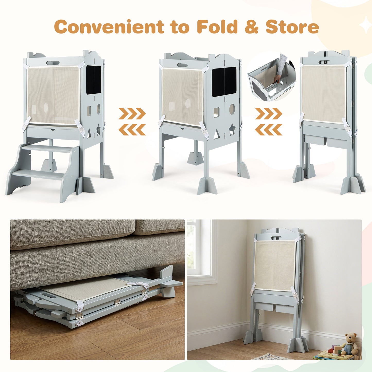 Grey Foldable Toddler Tower | 3-in-1 with Chalkboard & Nets