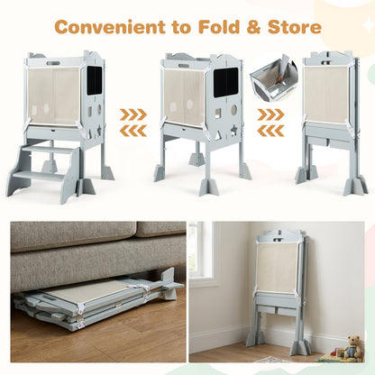 Grey Foldable Toddler Tower | 3-in-1 with Chalkboard & Nets