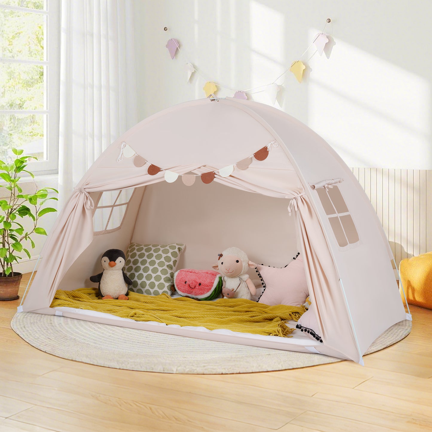 Beige Foldable Kids Twin Bunk Bed Tent | 2 Windows Playhouse