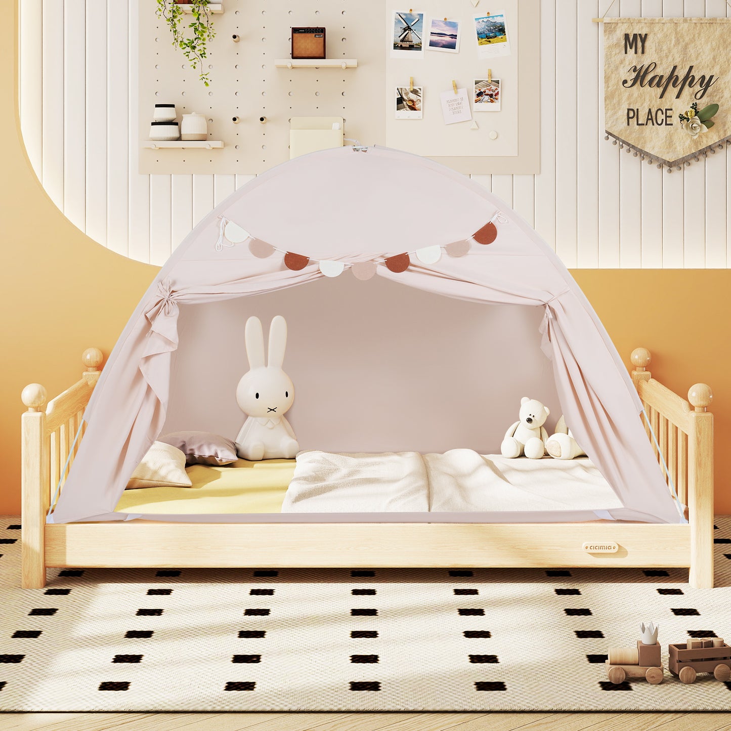 Beige Foldable Kids Twin Bunk Bed Tent | 2 Windows Playhouse