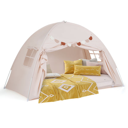 Beige Foldable Kids Twin Bunk Bed Tent | 2 Windows Playhouse