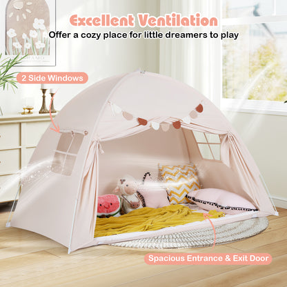 Beige Foldable Kids Twin Bunk Bed Tent | 2 Windows Playhouse