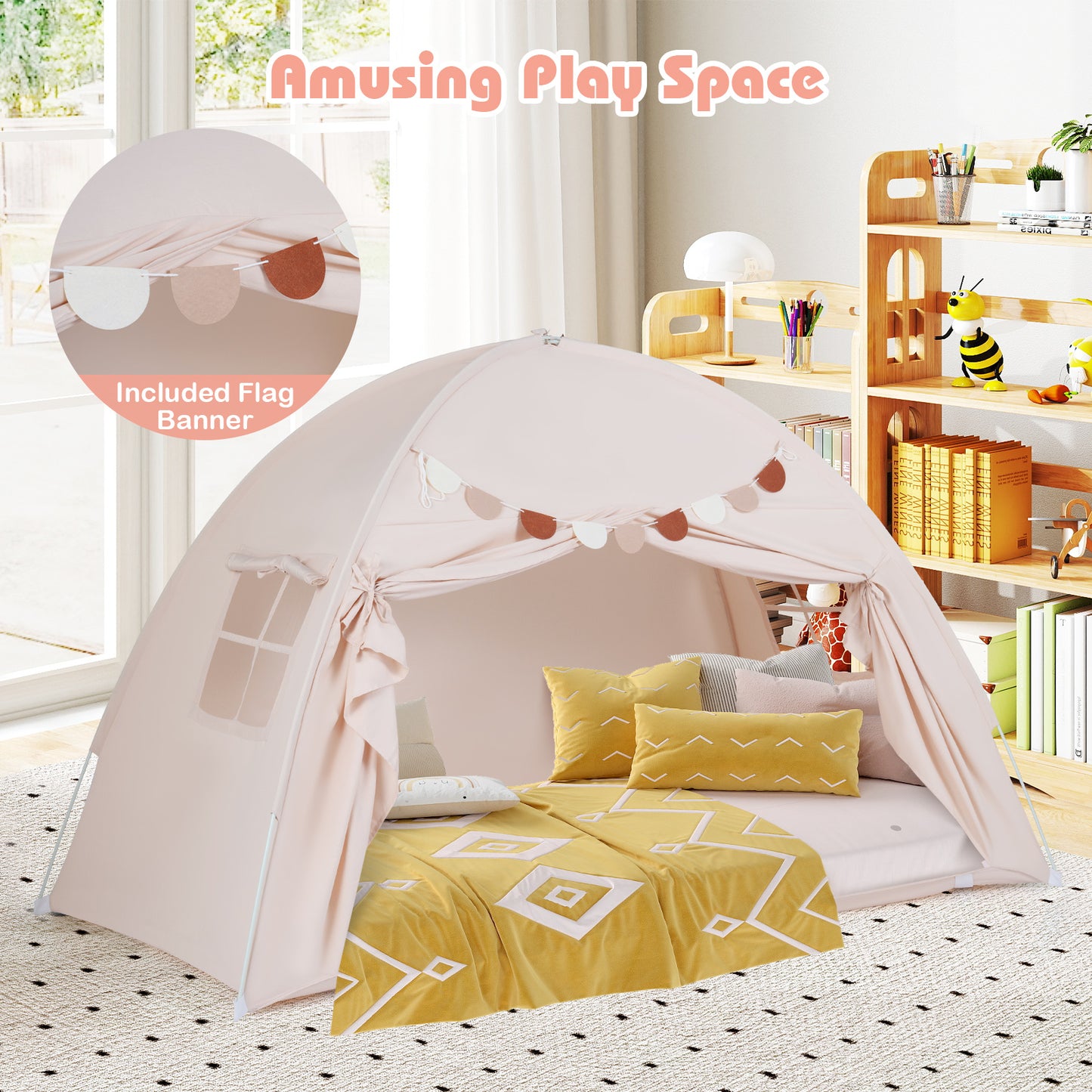 Beige Foldable Kids Twin Bunk Bed Tent | 2 Windows Playhouse