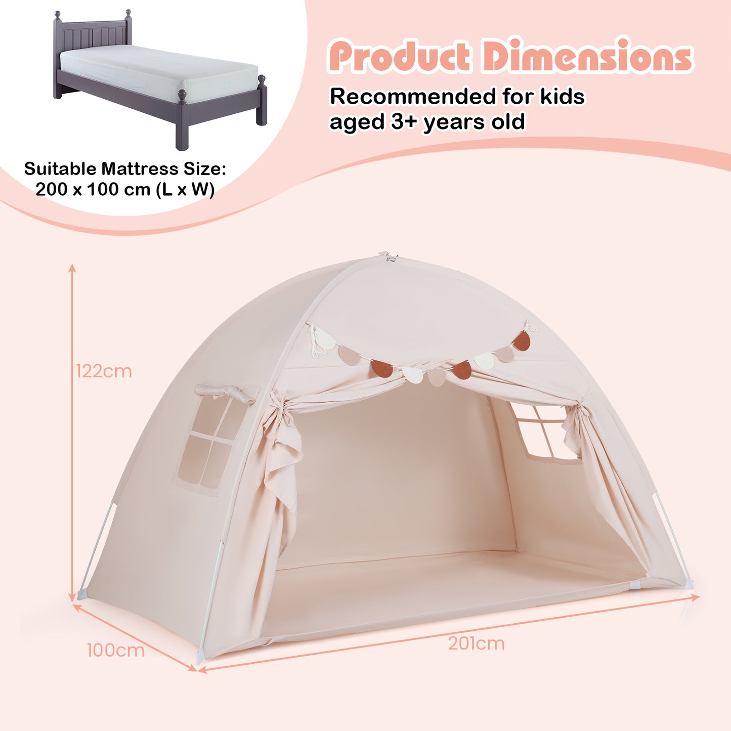 Beige Foldable Kids Twin Bunk Bed Tent | 2 Windows Playhouse