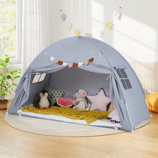 Foldable and Portable Canopy Tent on Twin Bunk Bed with 2 Windows-Grey