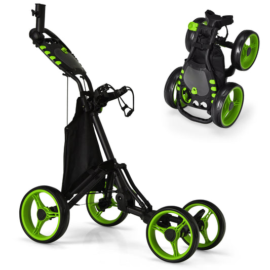 Folding 4 Wheel Golf Push Cart with Cooler Bag and Ample Storage Space-Green