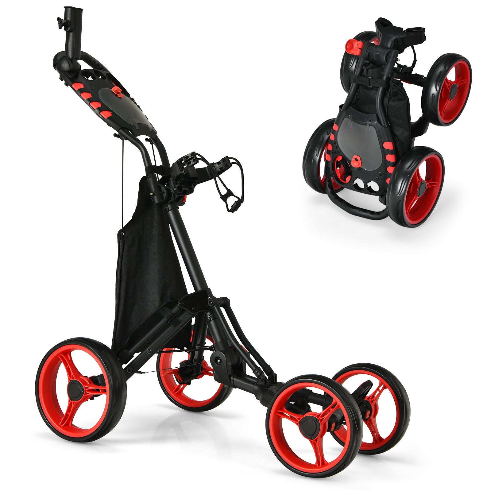 Folding 4 Wheel Golf Push Cart with Cooler Bag and Ample Storage Space-Red