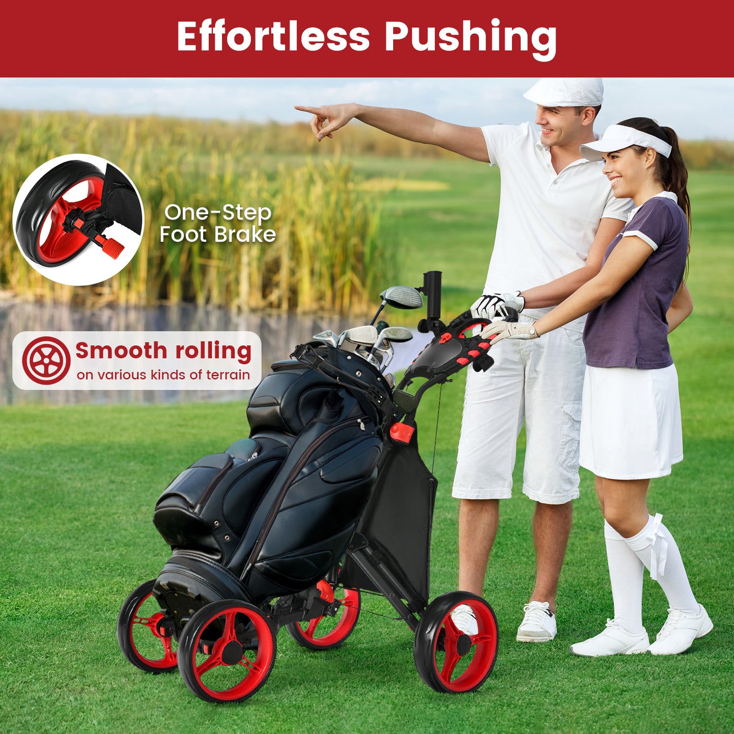 4 Wheel Golf Push Cart | Aluminum Frame Cooler Bag Red