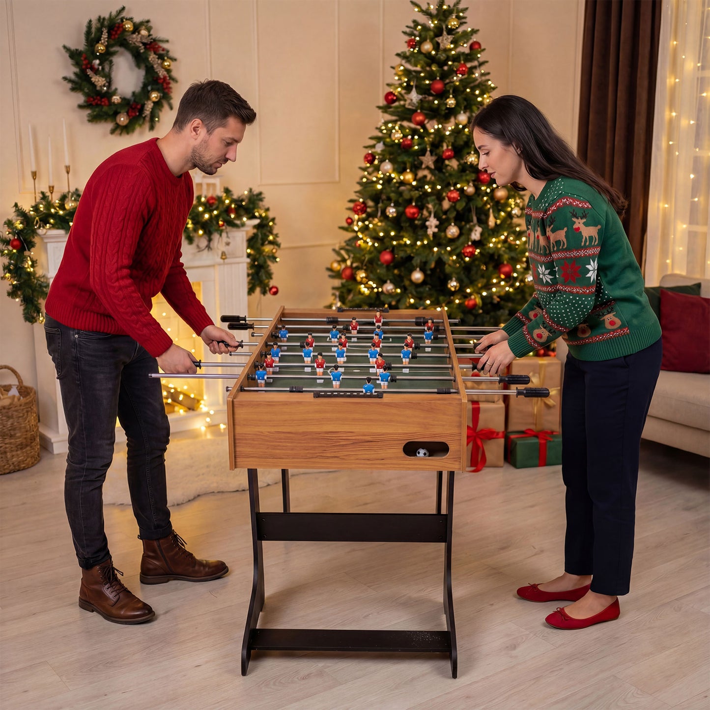 48" Folding Foosball Table | Natural Wood with Anti-Slip Handles
