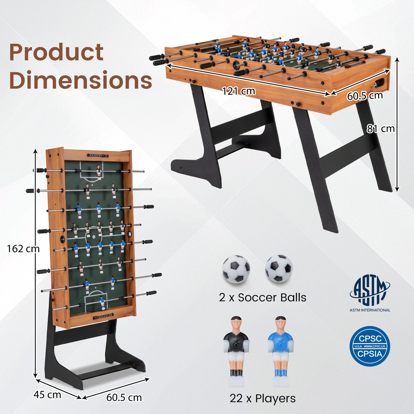 48" Folding Foosball Table | Natural Wood with Anti-Slip Handles