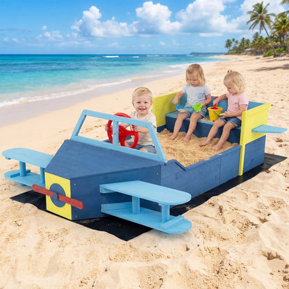 Costway Glider-Shape Kids Sandpit Large Wooden Sand Box with Bench Seat for Backyard-Blue