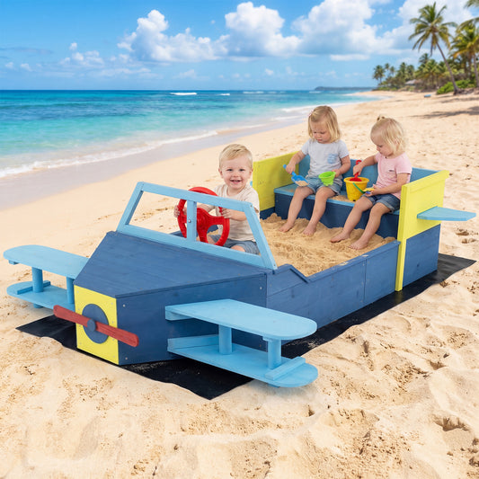 Costway Glider-Shape Kids Sandpit Large Wooden Sand Box with Bench Seat for Backyard-Blue
