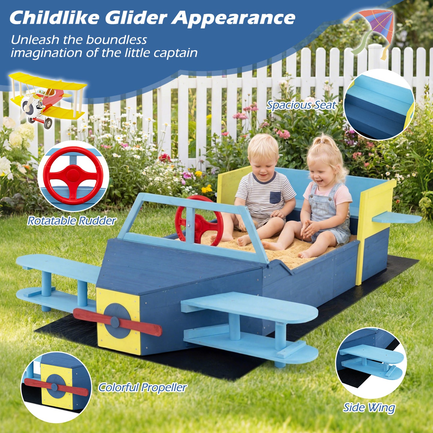 Blue Glider Wooden Sandpit | Large Sandbox With Bench Seat