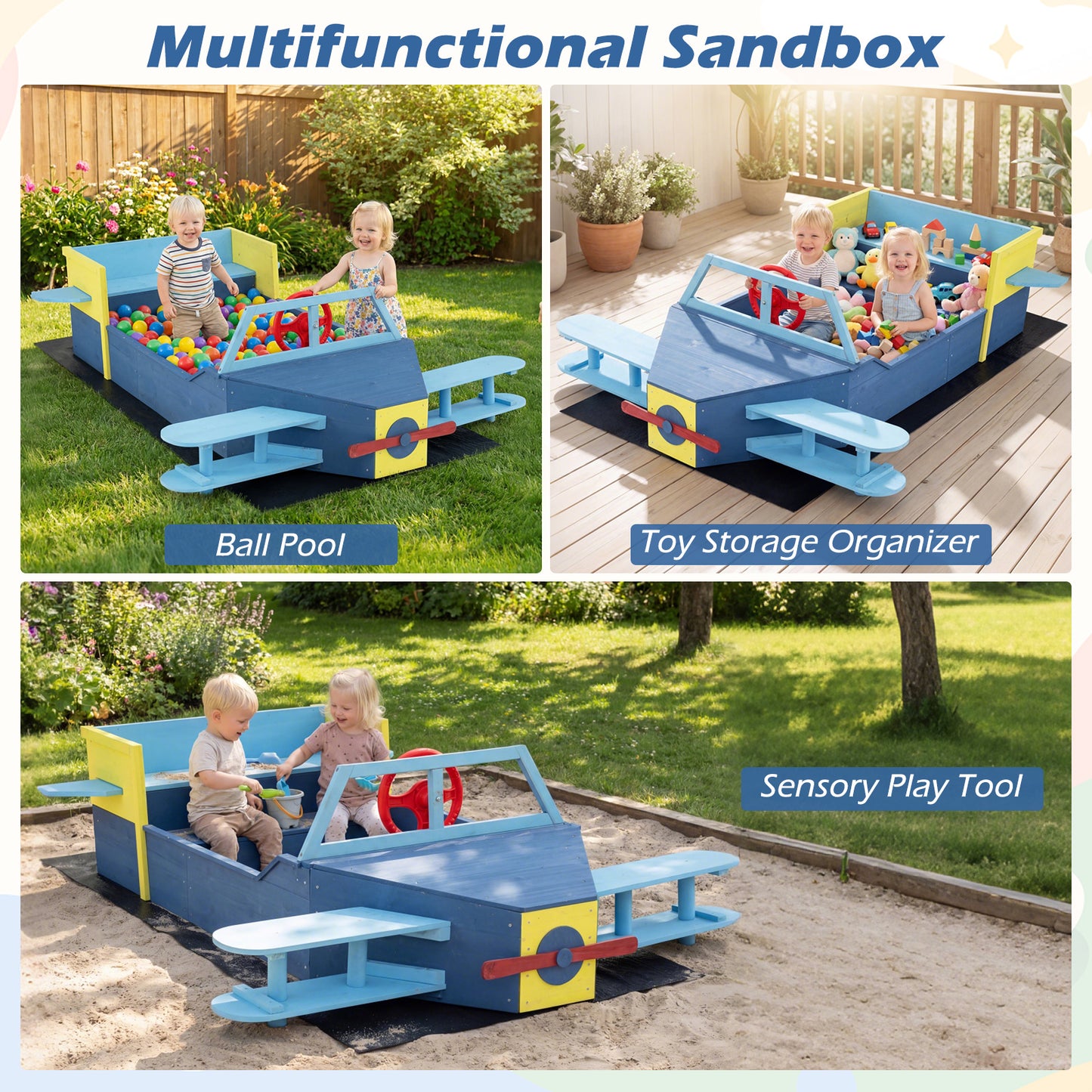 Blue Glider Wooden Sandpit | Large Sandbox With Bench Seat