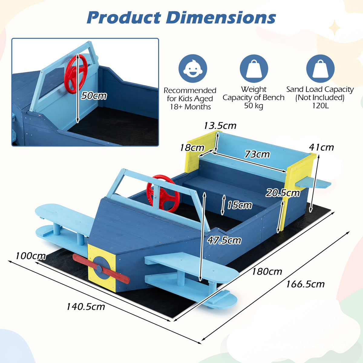 Blue Glider Wooden Sandpit | Large Sandbox With Bench Seat