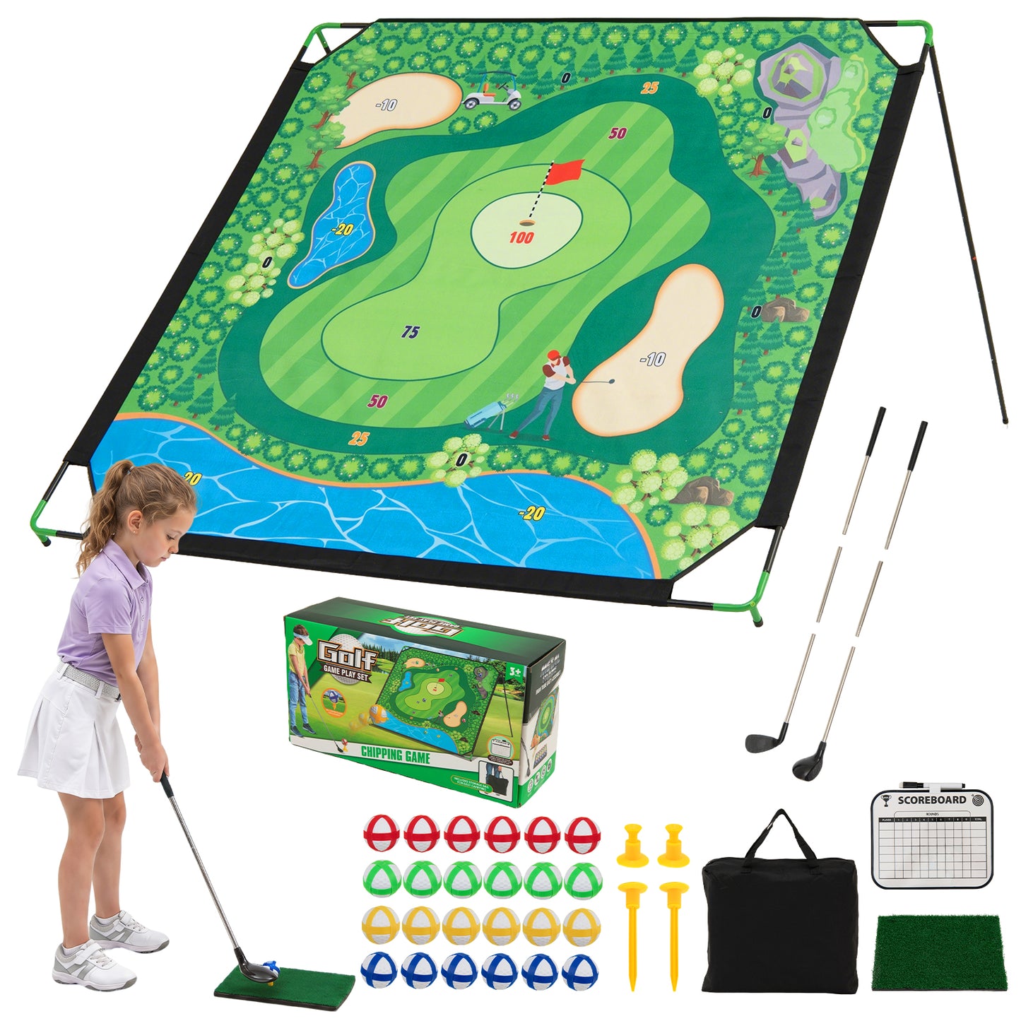 Multicolour Golf Chipping Game Set | Mat 2 Clubs 24 Sticky Balls