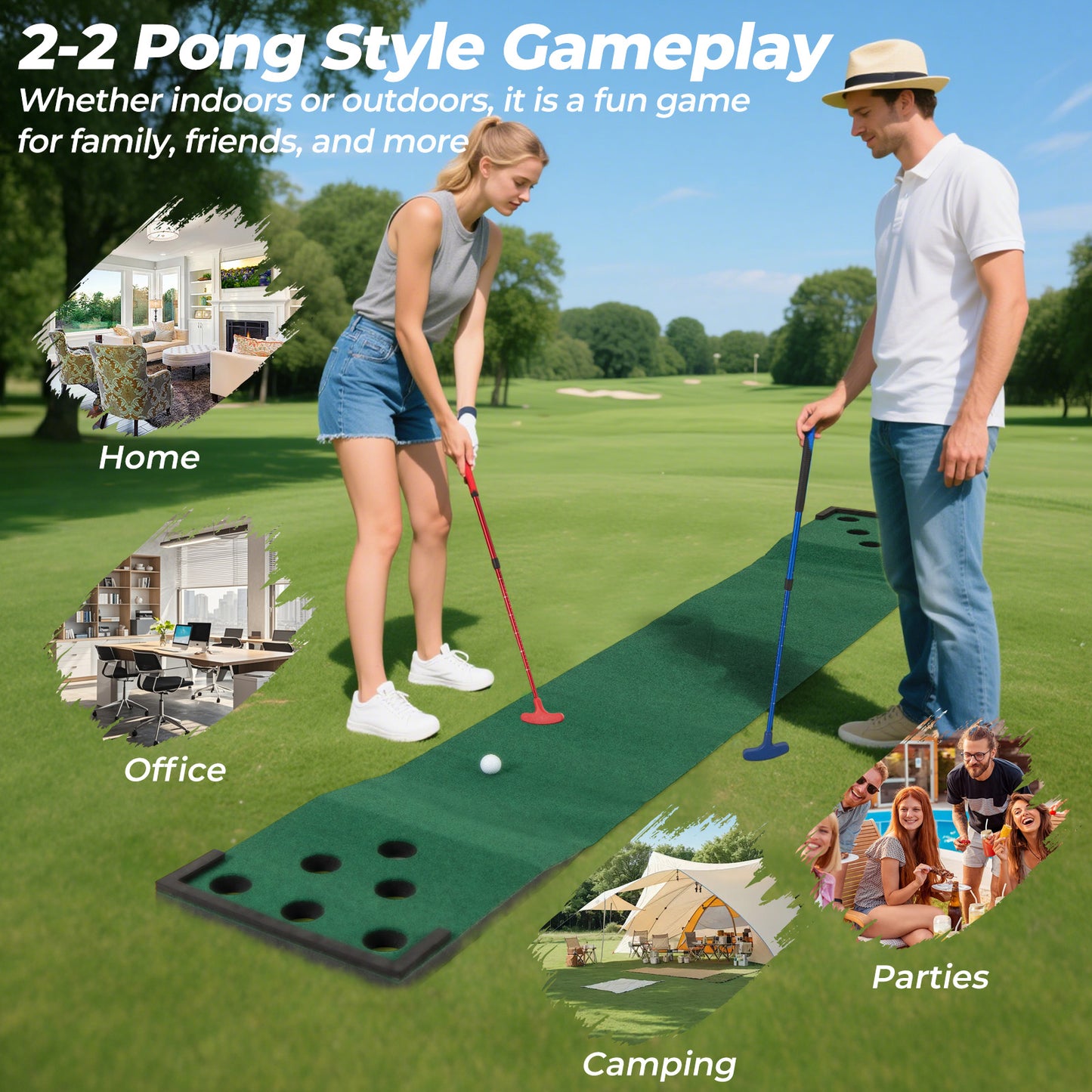 Green Golf Pong Game Set | Adjustable Putters & Portable Mat