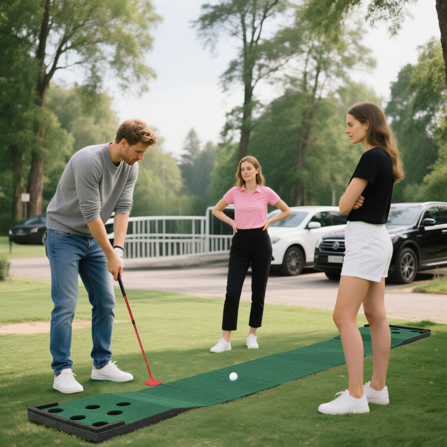 Green Golf Pong Game Set | Adjustable Putters & Portable Mat
