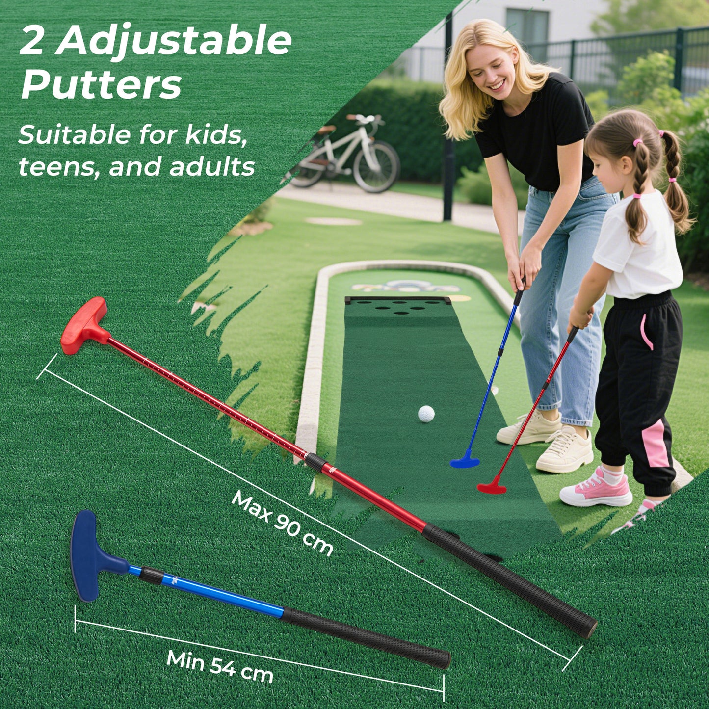Green Golf Pong Game Set | Adjustable Putters & Portable Mat
