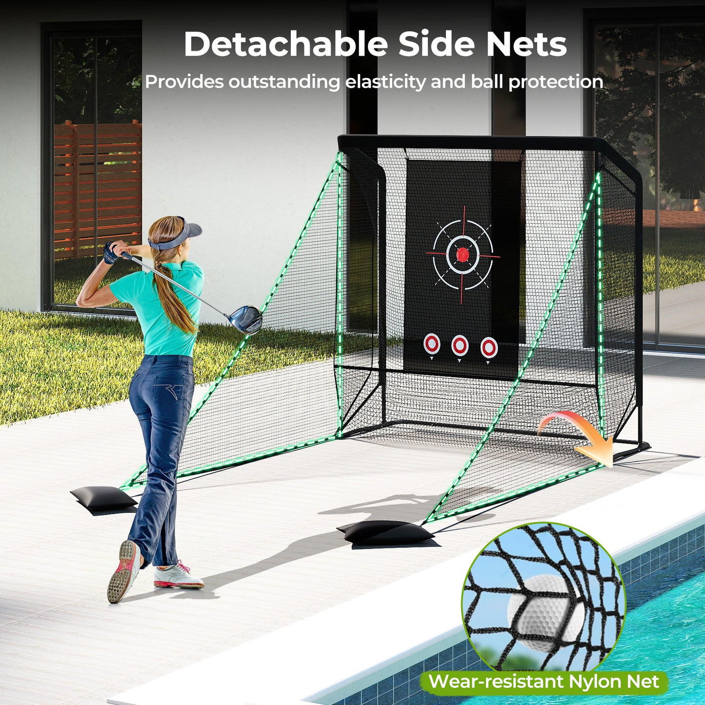 Black Golf Practice Net | Dual Side Barriers & Sandbags