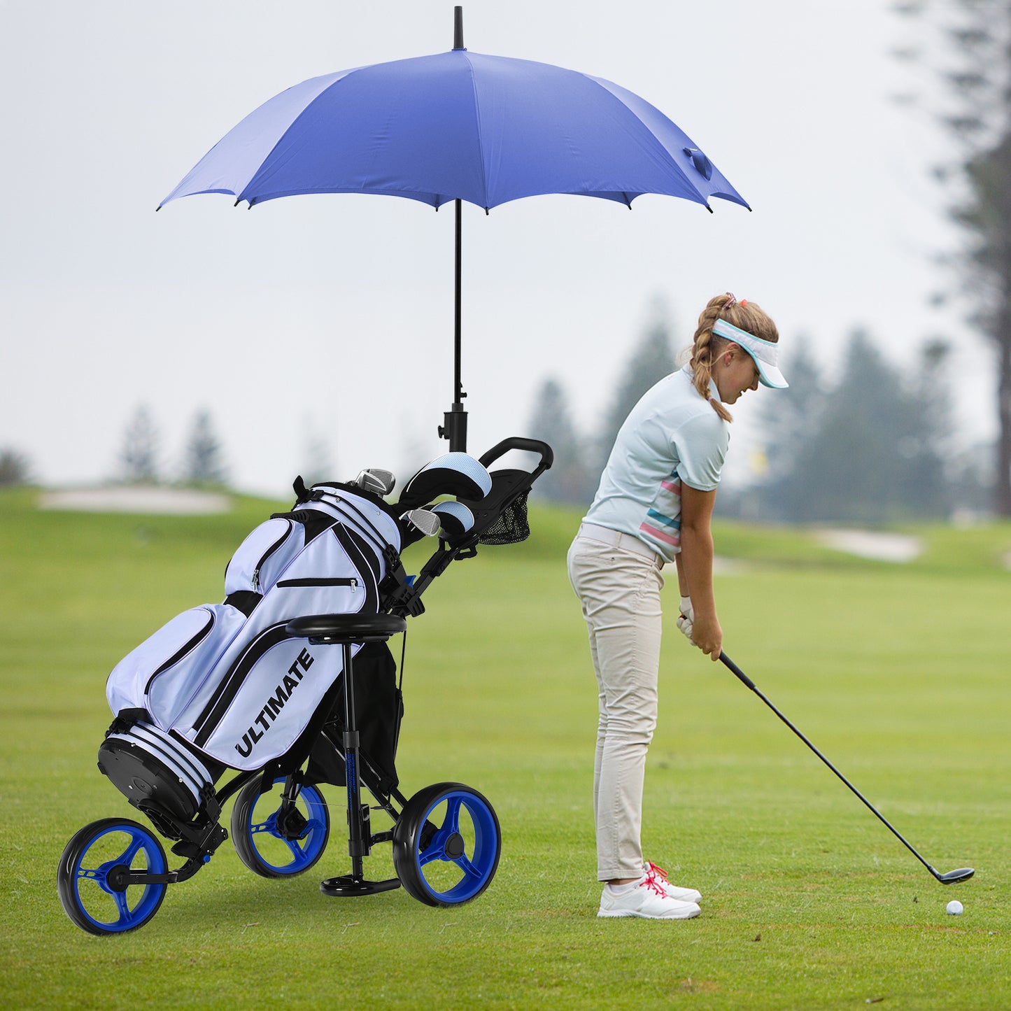 Golf Push Pull Cart Lightweight 3 Wheels Golf Push Cart-Blue