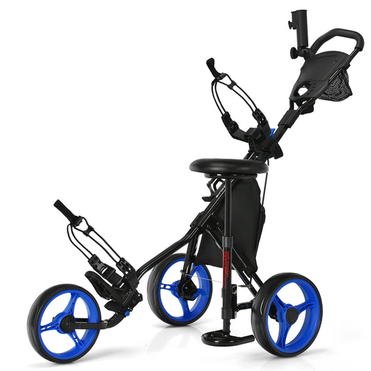 Blue Golf Push Pull Cart | 3 Wheel Lightweight Aluminum Frame
