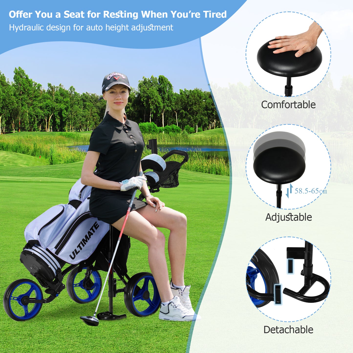 Blue Golf Push Pull Cart | 3 Wheel Lightweight Aluminum Frame