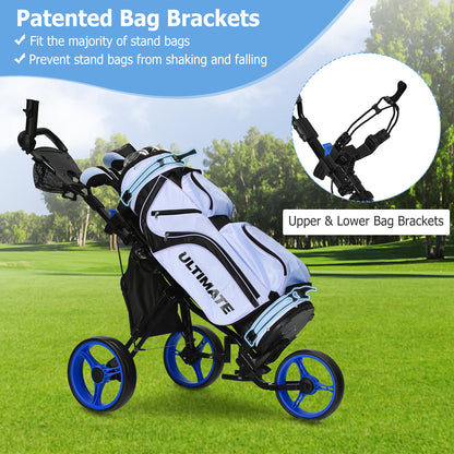 Blue Golf Push Pull Cart | 3 Wheel Lightweight Aluminum Frame