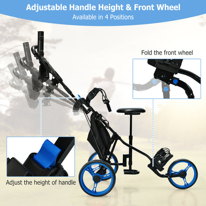Blue Golf Push Pull Cart | 3 Wheel Lightweight Aluminum Frame